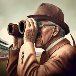 smart older british gentleman watching his horse racing lucky 15 tips through binoculars